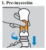 A hand grasps the top of an orange and white medical device while the