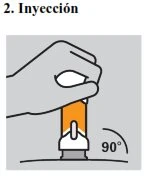 A hand holds an orange and white injector device to apply it vertically to the skin at a 90-degree angle