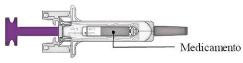 Technical diagram of a horizontal syringe with internal section indicated, containing the medication shown by a black line