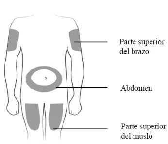 Human body diagram with gray areas indicating injection sites on the upper arm, on the