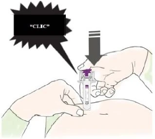 Two hands holding an injection device against the skin of the