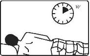 Disegno schematico di una persona distesa su un letto con un orologio in alto che indica un intervallo di 10 minuti