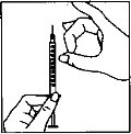 Two hands hold a syringe with the needle pointing upward