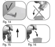 Diagrammi medici che mostrano il corretto posizionamento di un flacone su una superficie piana e la rimozione del tappo