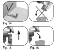 Four panels with medical instructions: a vial placed on a surface, a