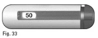 Illustration of a horizontal injection pen with a viewing window displaying the number 50 on a light background