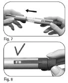 Two hands hold an injection pen to rotate the upper part to the left, with a close-up showing the number 0 on the dosage indicator and a checkmark