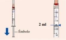 Due siringhe verticali mostrano il dosaggio del liquido con una freccia blu verso il basso e la scritta Émbolo accanto alla prima siringa