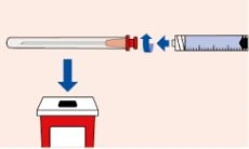 Diagramma che mostra l'unione di una fiala con una siringa tramite frecce blu e il successivo inserimento della fiala in un dispositivo rosso e bianco