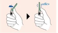 Due mani che impugnano un dispositivo medico, la prima inclinato con una freccia blu, la seconda in posizione verticale con la scritta clic