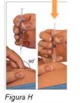 Two hands holding a syringe to inject medication into the subcutaneous tissue at a 90-degree angle to the skin
