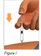 A hand holding a syringe vertically to inject liquid into the skin of the arm, with an orange arrow pointing downward