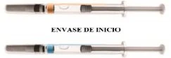 Two horizontal syringes with transparent barrels, one containing a brown liquid and the other empty
