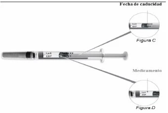 Diagram of a syringe with close-up views showing details of the medicine's expiration date and batch number in figures C and D