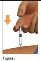 A hand holds a syringe vertically and pushes downward to inject liquid into the arm skin, indicated by an orange arrow
