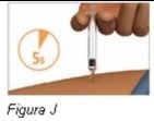 A hand holds a syringe vertically above the skin with a timer indicating a 5-second waiting period