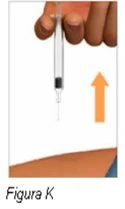 A hand holds a vertical syringe with an orange arrow pointing downward