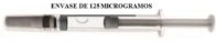 Horizontal syringe with needle and text above indicating a 125 microgram container on a white background