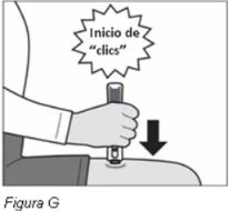 Illustration of a hand pressing a medical device against the thigh with a downward arrow and a speech bubble with the text 'click start'