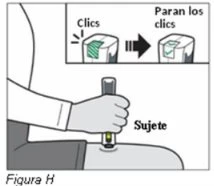 Medical diagram showing a hand holding an injector on the thigh with an inset detail illustrating the countdown of clicks during