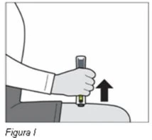A hand holding a vertical injector pen against a thigh with a black arrow pointing downward