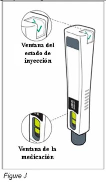 Diagram of a medical device with two viewing windows, an upper one for injection status and a lower one for medication