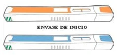 Technical drawing of two pen-shaped medical devices, one with orange details and one with blue details, on a white background