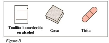 Drawing of an alcohol-impregnated wipe, a folded gauze pad, and a pink adhesive bandage on a white background with text in Spanish