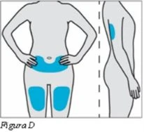 Diagram of the human body showing drug application areas highlighted in blue on