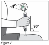Diagram showing a hand holding an injector pen at a 90-degree angle to the thigh with an enlarged detail of the