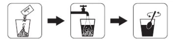 Three-step diagram: pour the dose into a glass, add tap water, and stir with a spoon
