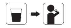 Black icons on white background showing a glass filled with liquid