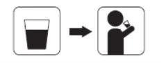 Black icons on white background showing a glass filled with liquid followed by an arrow indicating a person drinking from the glass
