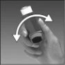 A hand holding a vial with a white cap and a curved arrow indicating the rotational movement to open it
