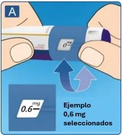 Two hands rotating the dial of a blue and white medical device to select a dosage of 0.6 mg shown on a display and a box