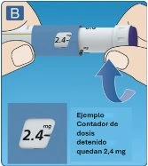 Two hands holding a white medical device with a display showing 2.4 mg and a blue arrow suggesting a rotational movement to the left
