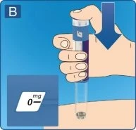 A hand holding an injection pen pressing the tip against the skin with a blue arrow indicating downward movement
