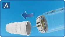 A blue arrow indicating the rotational movement of a white cap being removed from a blue cylindrical container on a blue background