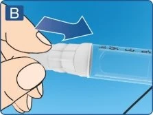 A hand rotating the white upper part of an injection pen to the right following the direction indicated by a blue arrow on a blue background