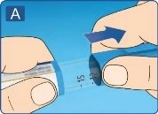Two hands gripping and separating components of a medical device on a blue background with a blue arrow indicating movement to the right