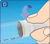 A hand rotating the white upper part of a transparent medical device with a curved blue arrow indicating rotational movement