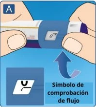 Two hands holding a blue and white medical device with a curved arrow indicating the flow check symbol on a blue background
