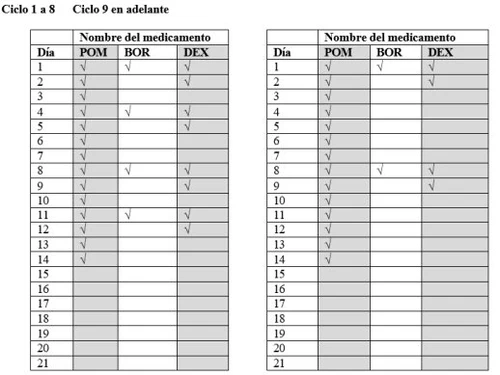 Two medical charts with days numbered 1 to 21 and columns for medications POM, BOR, and DEX, with checkmarks indicating treatment cycles 1-8 and beyond