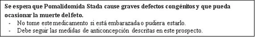 Spanish text on a white background warning of serious congenital defects and risk of fetal death caused by Pomalidomide Stada