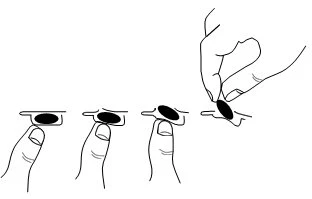 Line drawing showing four stages of a hand pinching the skin to lift a skin flap prior to applying a medical device