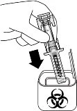 Una mano impugna una siringa e la inserisce con un movimento verso il basso in un contenitore per rifiuti biologici con simbolo di rischio biohazard