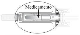 Schema tecnico di un dispositivo medico con una freccia che indica la posizione del medicamento all'interno