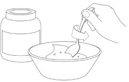 Линейный рисунок руки, которая ложкой берёт содержимое из чашки рядом с флаконом лекарства