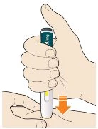 A hand presses a dark and white injection pen against the arm skin with an orange arrow indicating downward movement
