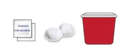 Drawing of a wipe labeled 'toallita con alcohol', two white cotton pads, and a red container with white lid